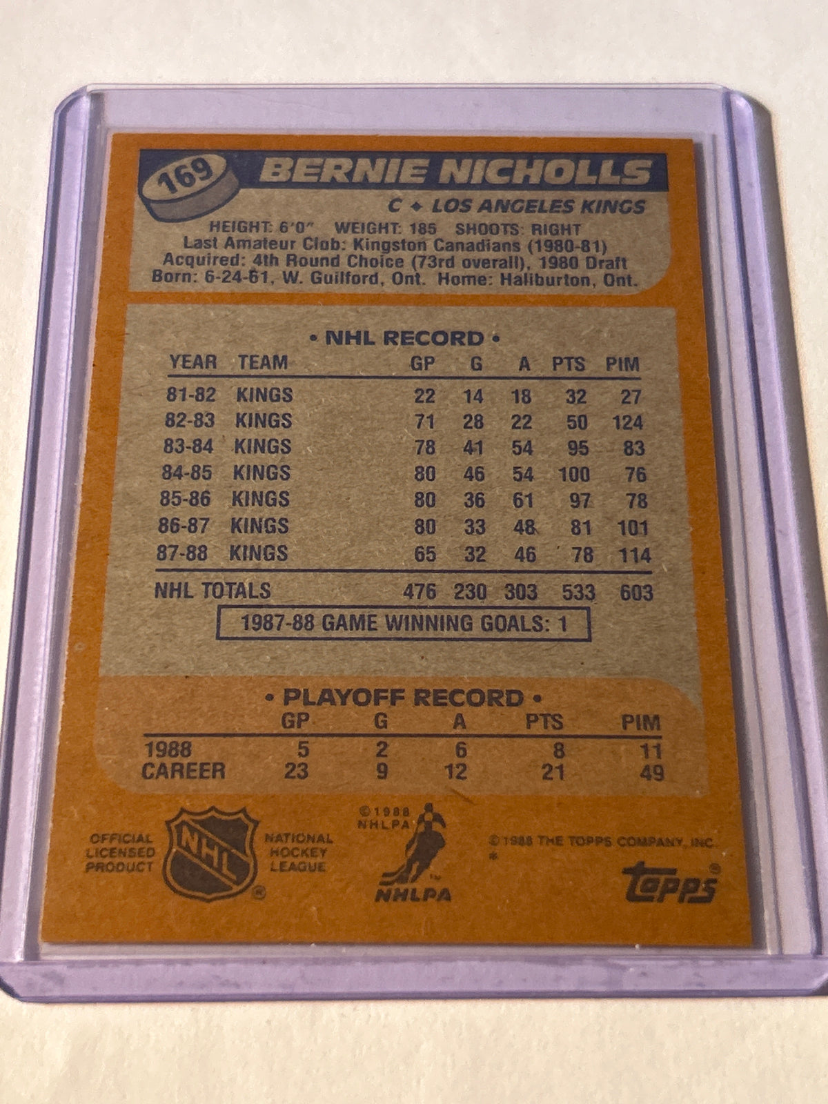 Topps 1988-89 Bernie Nicholls #169 Los Angeles Kings Base Set Hockey Card