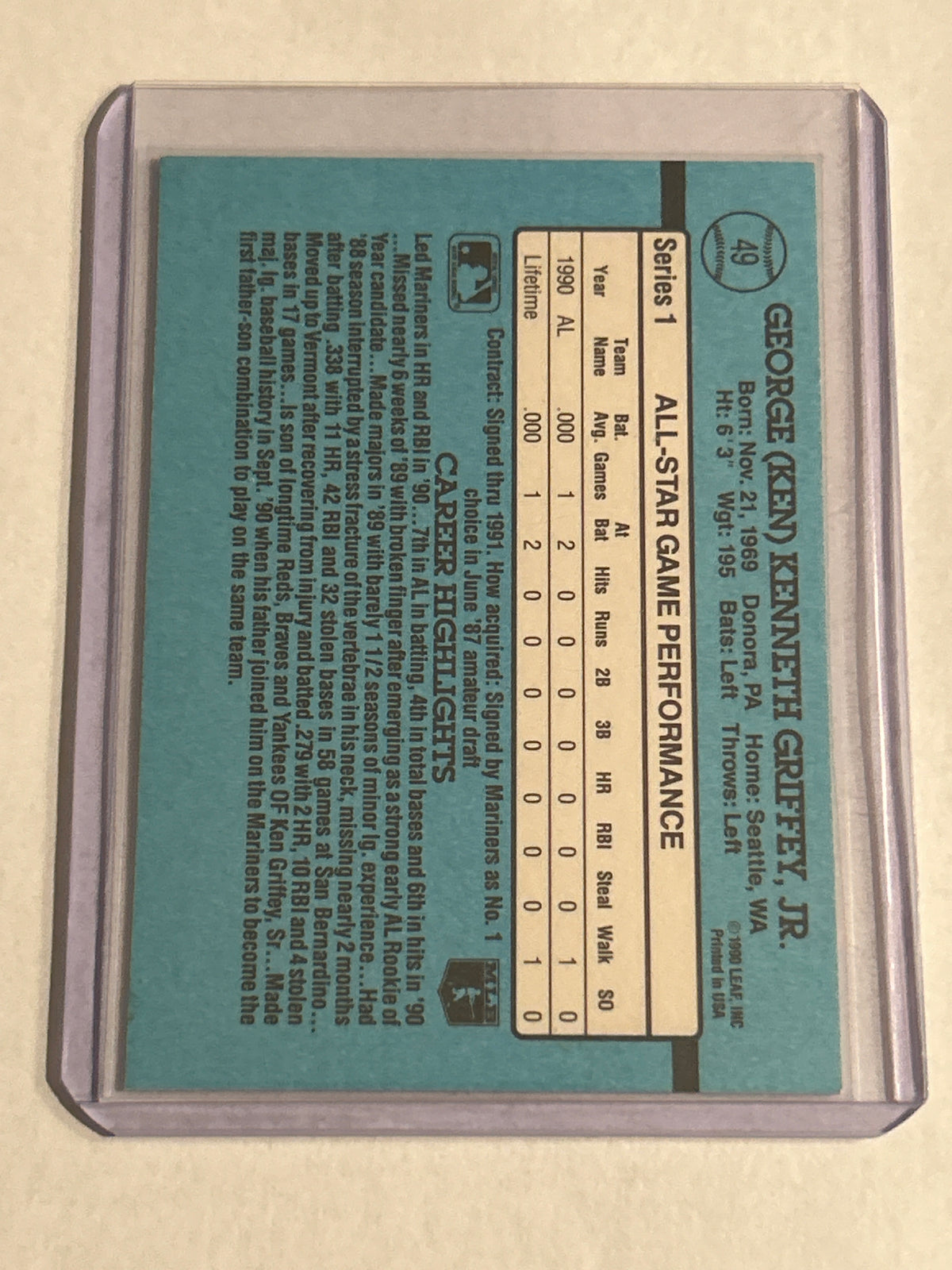 1991 Donruss - All-Stars Ken Griffey Jr #49 5 Purple Stripes on Right Border HOF