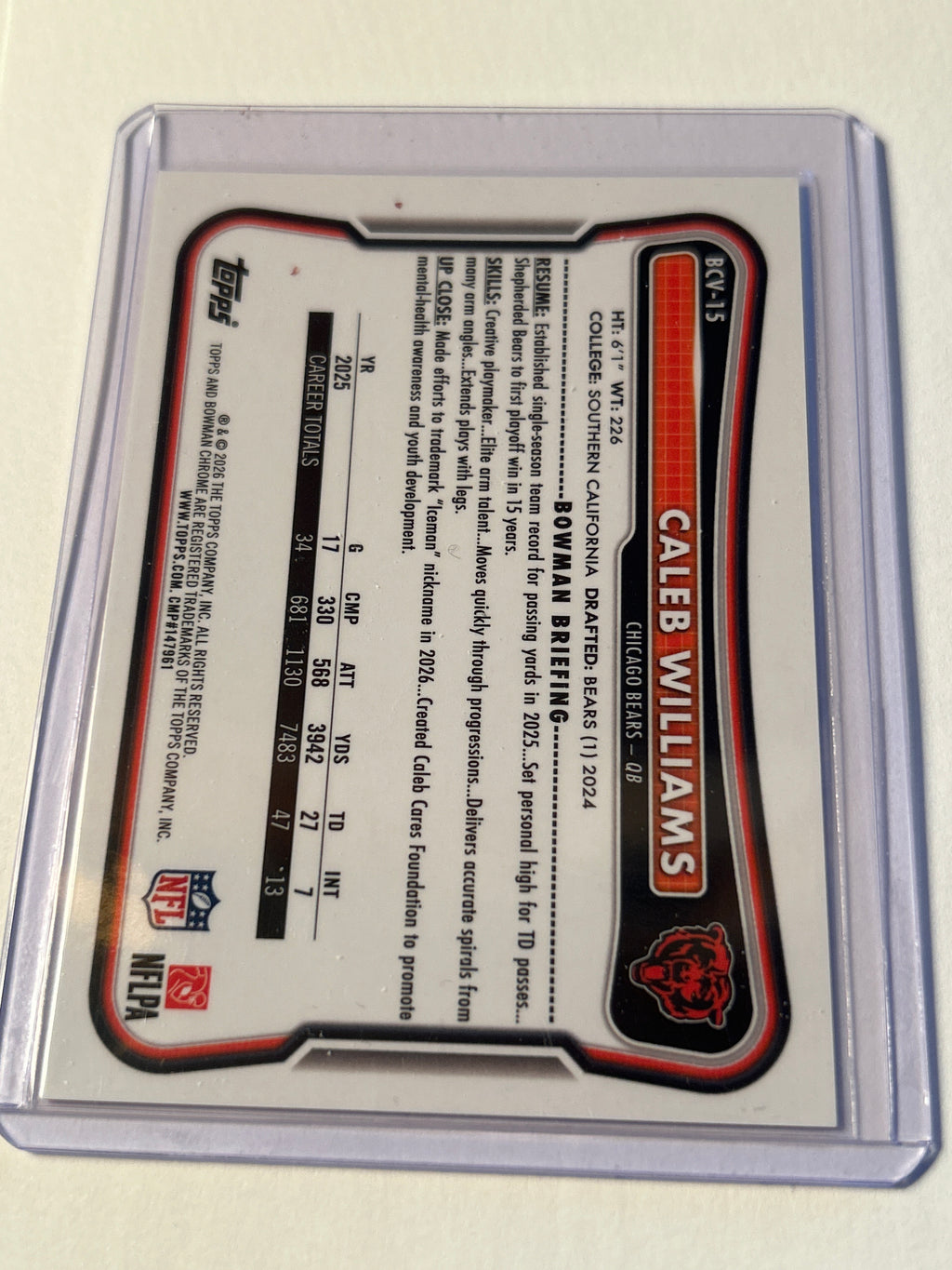 2026 Bowman Chrome Caleb Williams Pink Refractor 171/299 Chicago Bears QB