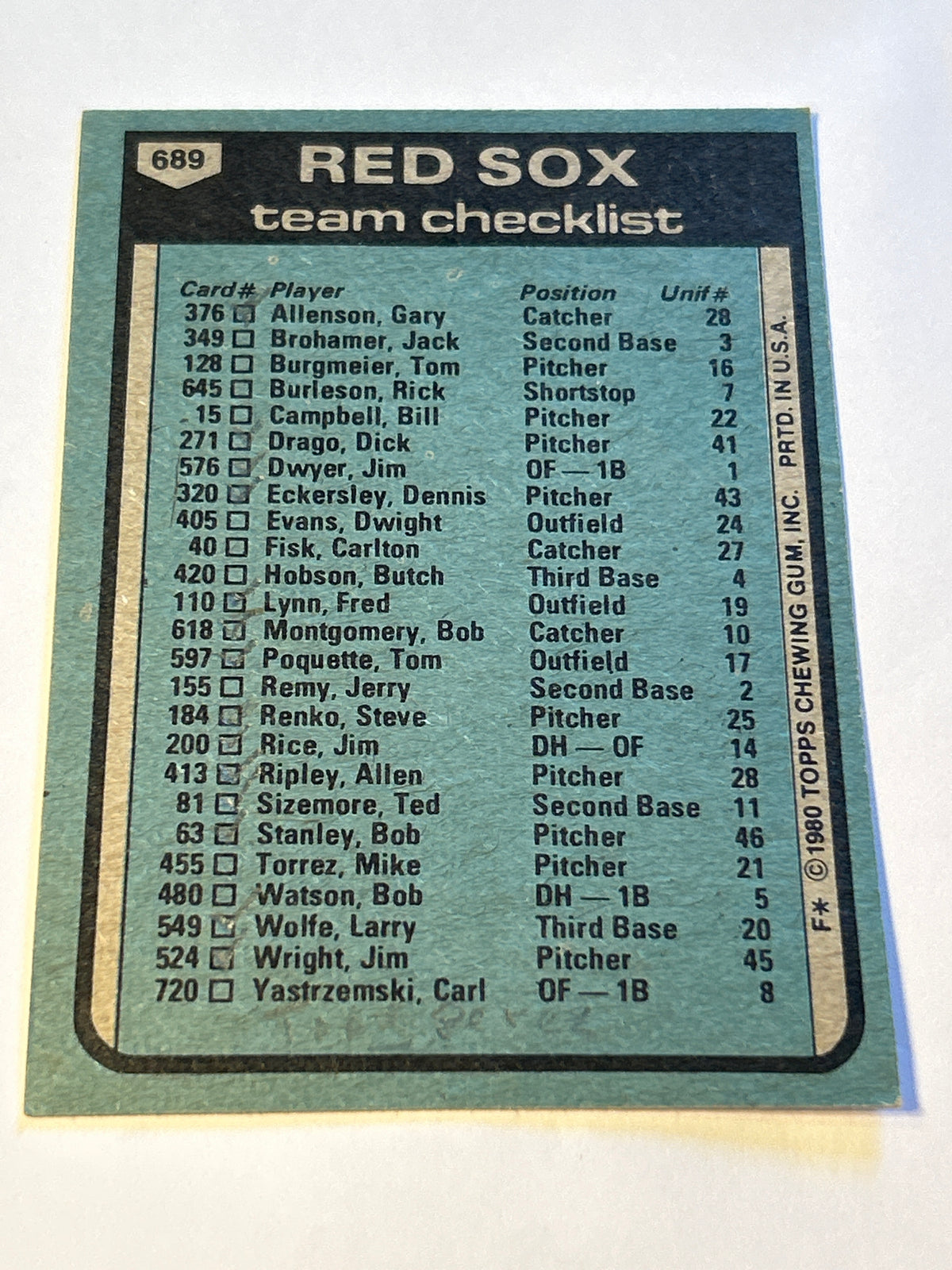 1980 Topps Red Sox Team checklist - Don Zimmerman Card #669