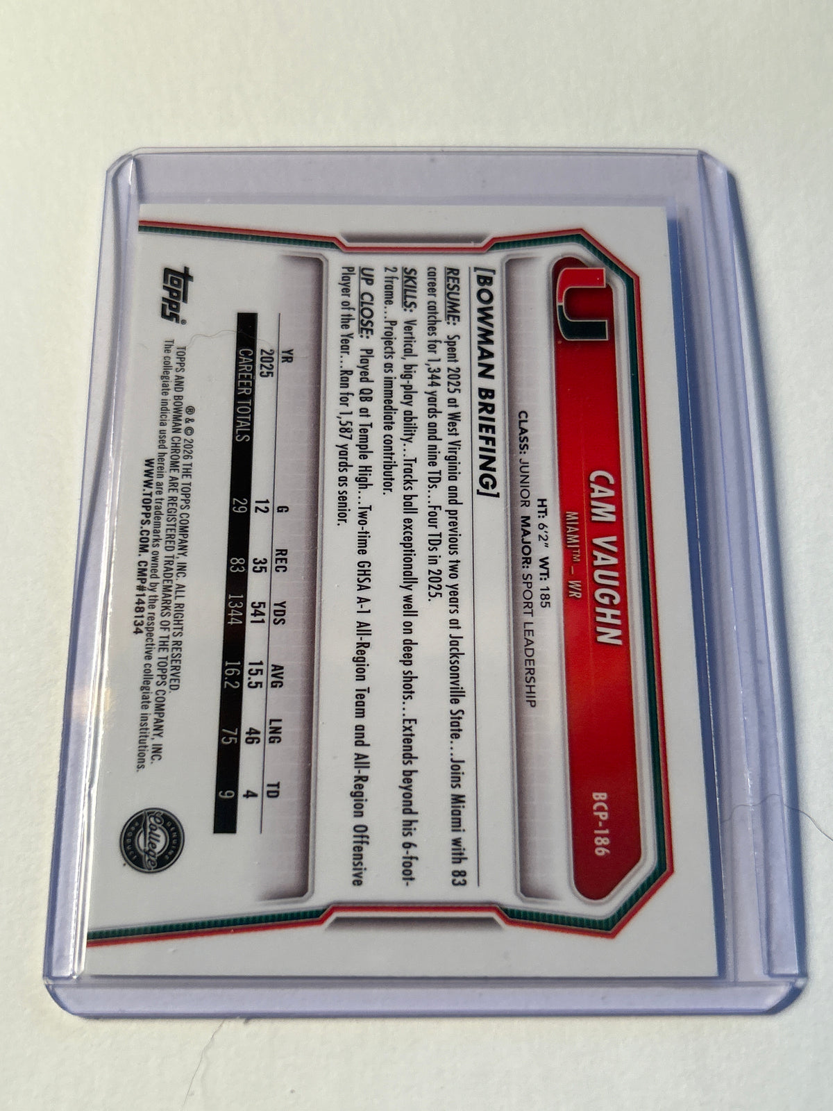 Bowman U Chrome Cam Vaughn 1st Bowman Speckle Refractor Miami Hurricanes WR