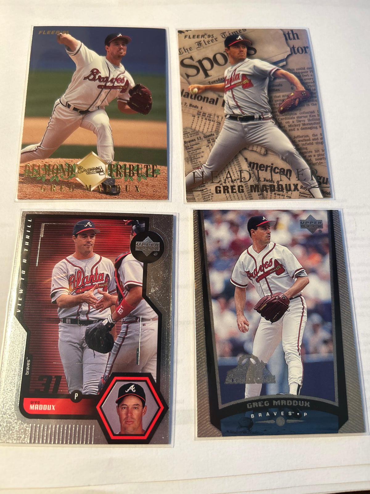 Greg Maddux 4 Card Lot 1995 Fleer Diamond Tribute Headliner 1999 Upper Deck View to a Thrill #308 Atlanta Braves HOF