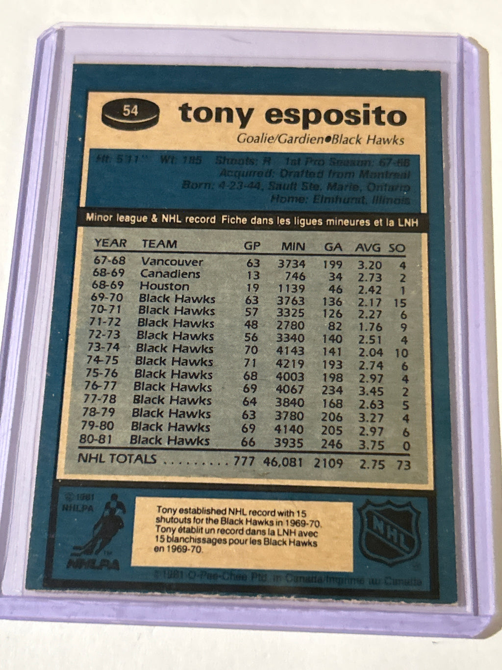 1981-82 O-Pee-Chee - Tony Esposito #54
