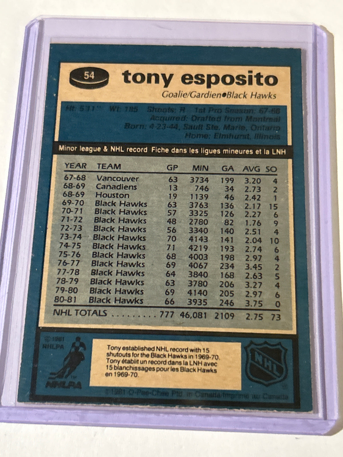 1981-82 O-Pee-Chee - Tony Esposito #54