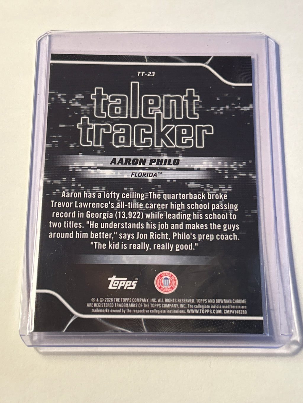 2026 Bowman Chrome U Aaron Philo Talent Tracker Florida Gators QB