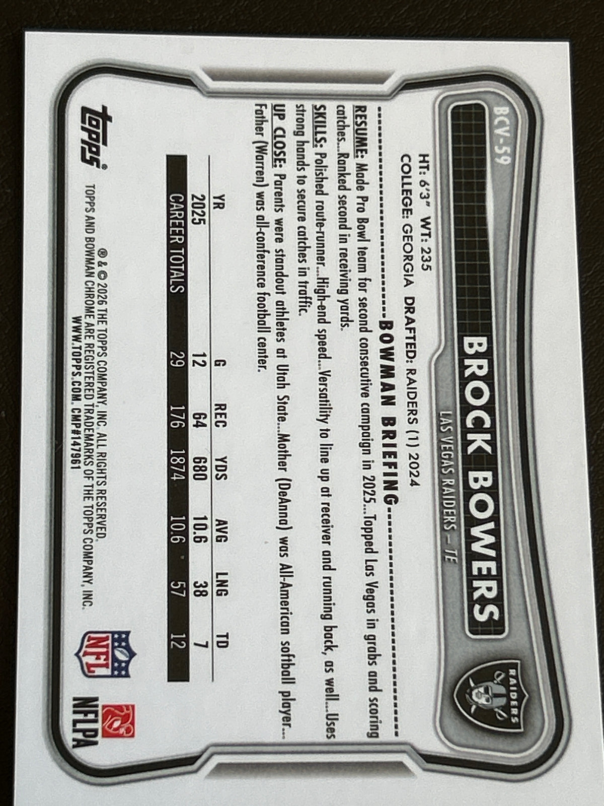 2026 Bowman Chrome Brock Bowers #BCV-39 Gold Refractor 06/50 Las Vegas Raiders TE