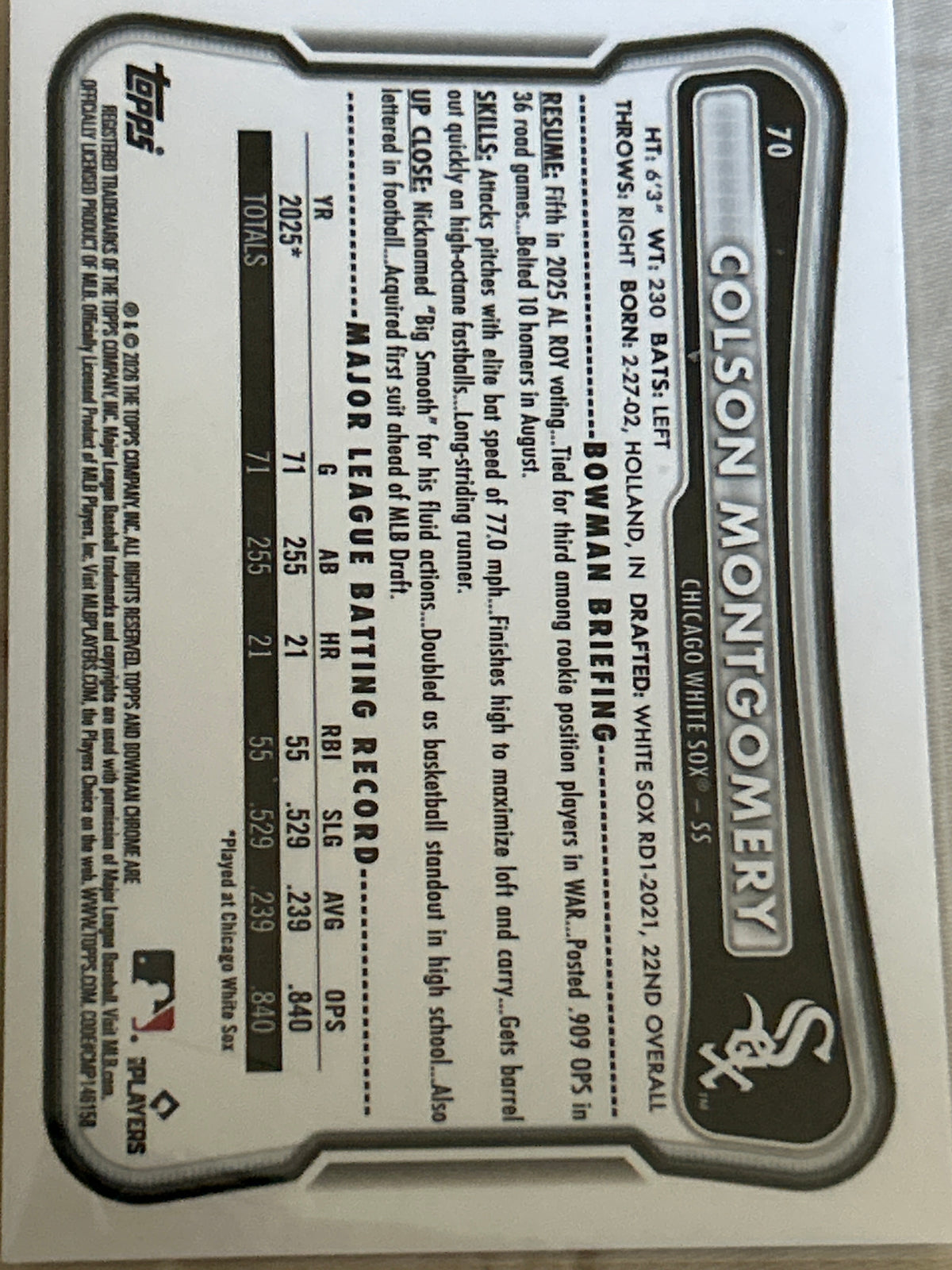 2026 Bowman Chrome Colson Montgomery Red RC Logo Variation Refractor Chicago White Sox Rookie