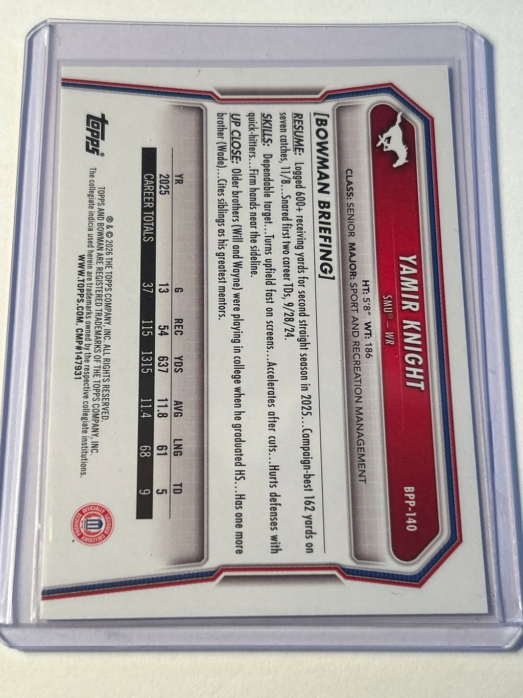 2026 Bowman U Yamir Knight 1st Bowman Blue Parallel 021/150 SMU Mustangs WR