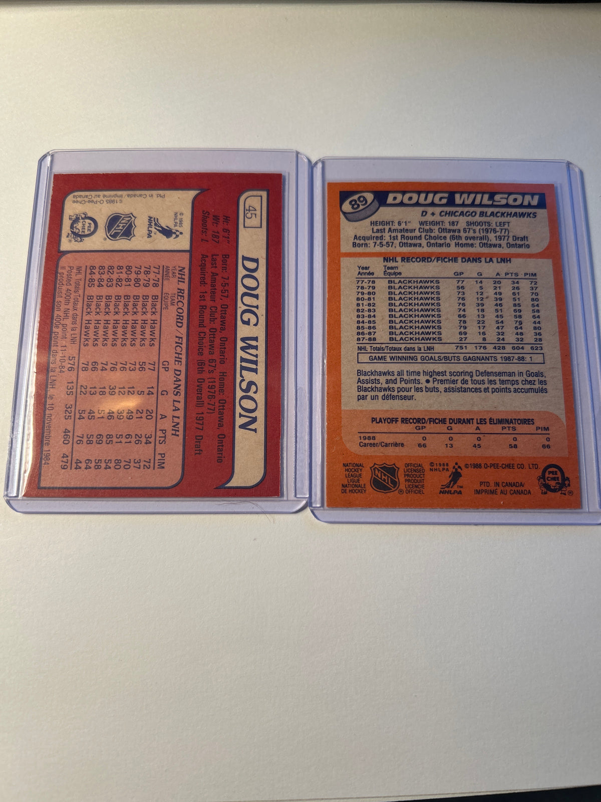 Doug Wilson 2 Card Lot 1985-86 O-Pee-Chee #45 and 1988-89 O-Pee-Chee #89 Chicago Blackhawks HOF