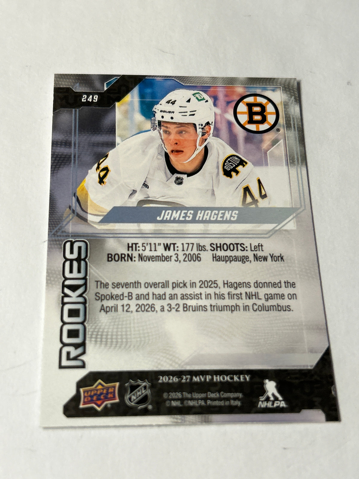 2026-27 Upper Deck MVP James Hagens Rookies Rookie Card (RC) Bruins