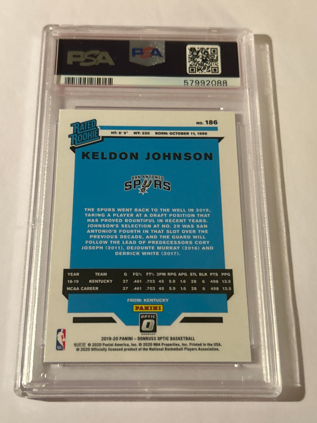 2019 Panini Donruss Optic Keldon Johnson #186 (RC) NM PSA 9