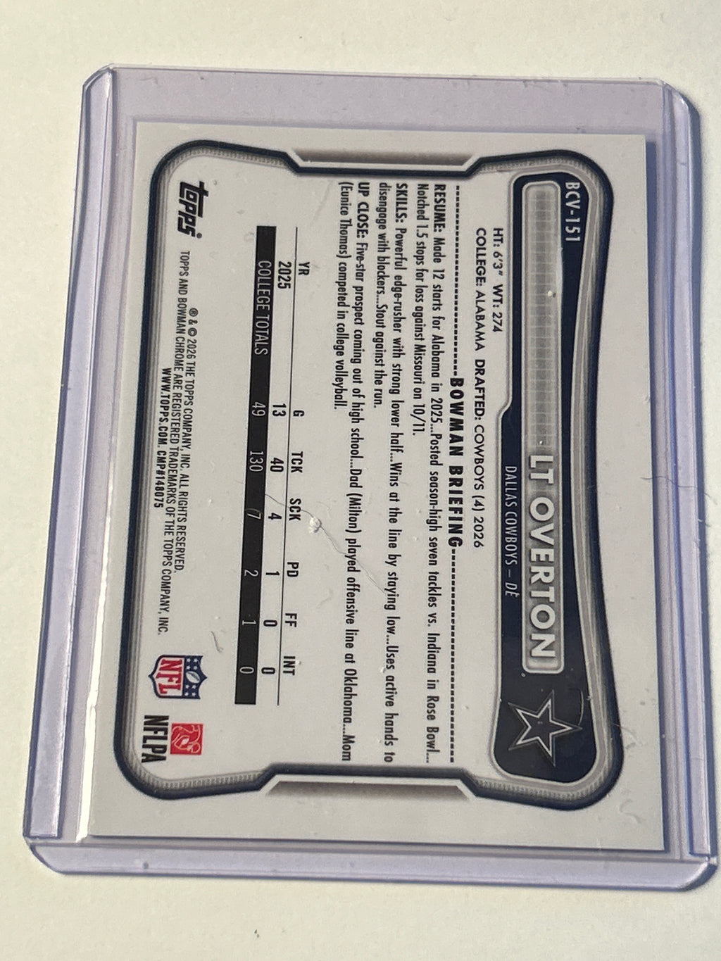 2026 Bowman Chrome LT Overton (RC) Blue Shimmer Refractor 004/150 Dallas Cowboys DE