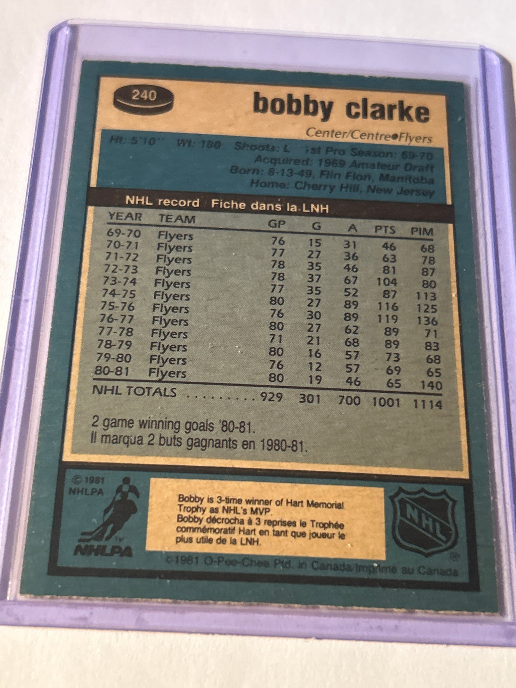 O-Pee-Chee 1981-82 Bobby Clarke #240 Philadelphia Flyers NHL Ice Hockey Card