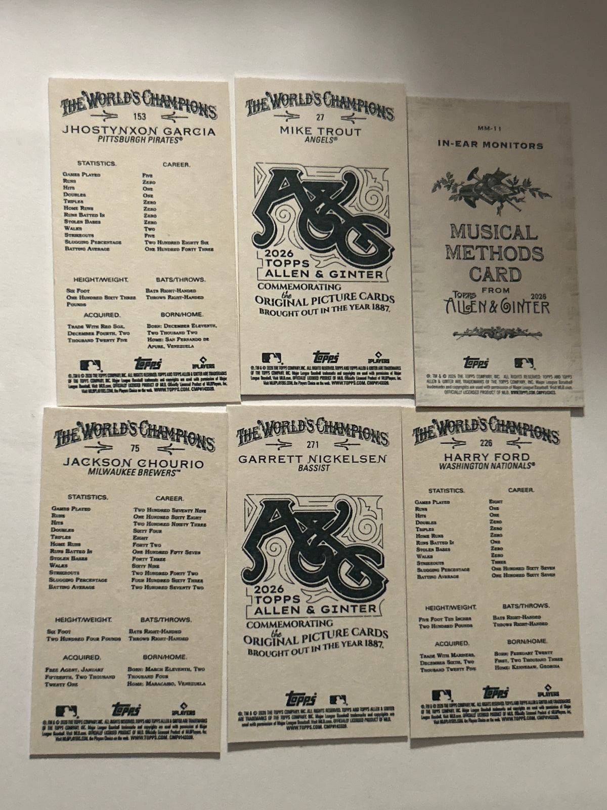 2026 Topps Allen & Ginter 6 Card Mini Lot Mike Trout Jackson Chourio Harry Ford RC Garcia RC Pirates