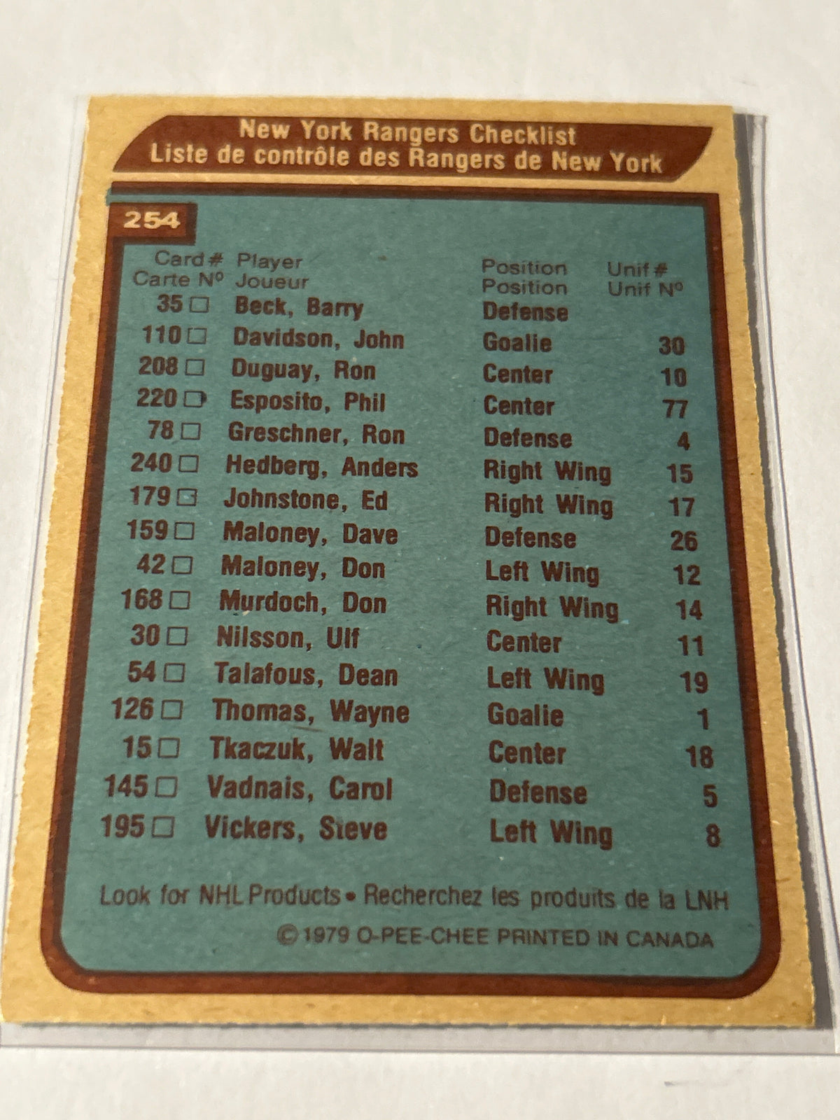 1979-80 O-Pee-Chee - New York Rangers #254