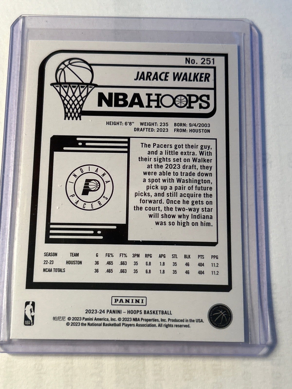2023-24 NBA Hoops Jarace Walker Rookie Card RC Pacers