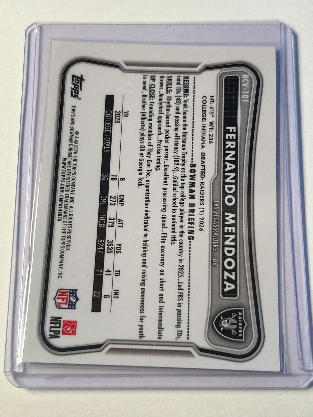 2026 Bowman Chrome Fernando Mendoza (RC) Rookie Las Vegas Raiders QB