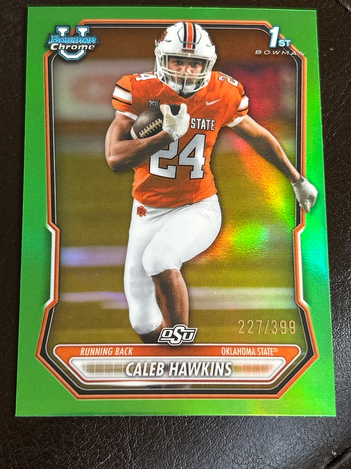 Bowman U Chrome Caleb Hawkins 1st Bowman Green Refractor 227/399 Oklahoma State Cowboys RB