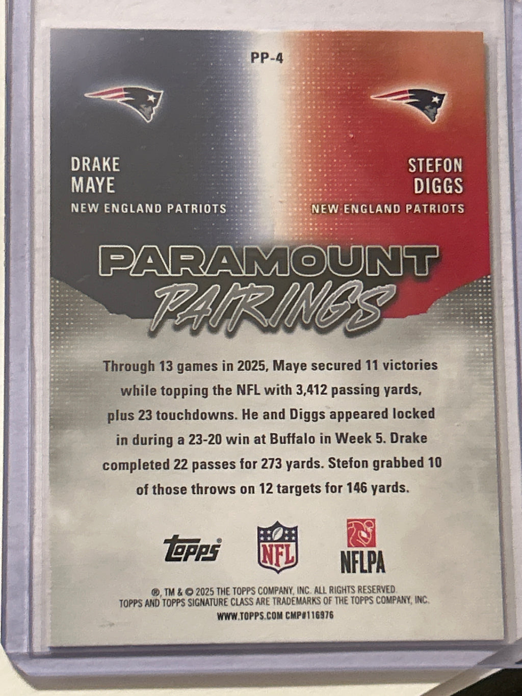 2025 Topps Signature Class Paramount Pairings #PP-4 Drake Maye Stefon Diggs 042/299 New England Patriots
