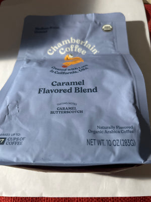 Chamberlain Coffee Caramel Flavored Blend – Organic Arabica – Medium Roast Ground – 10 oz (Best By 3/27)