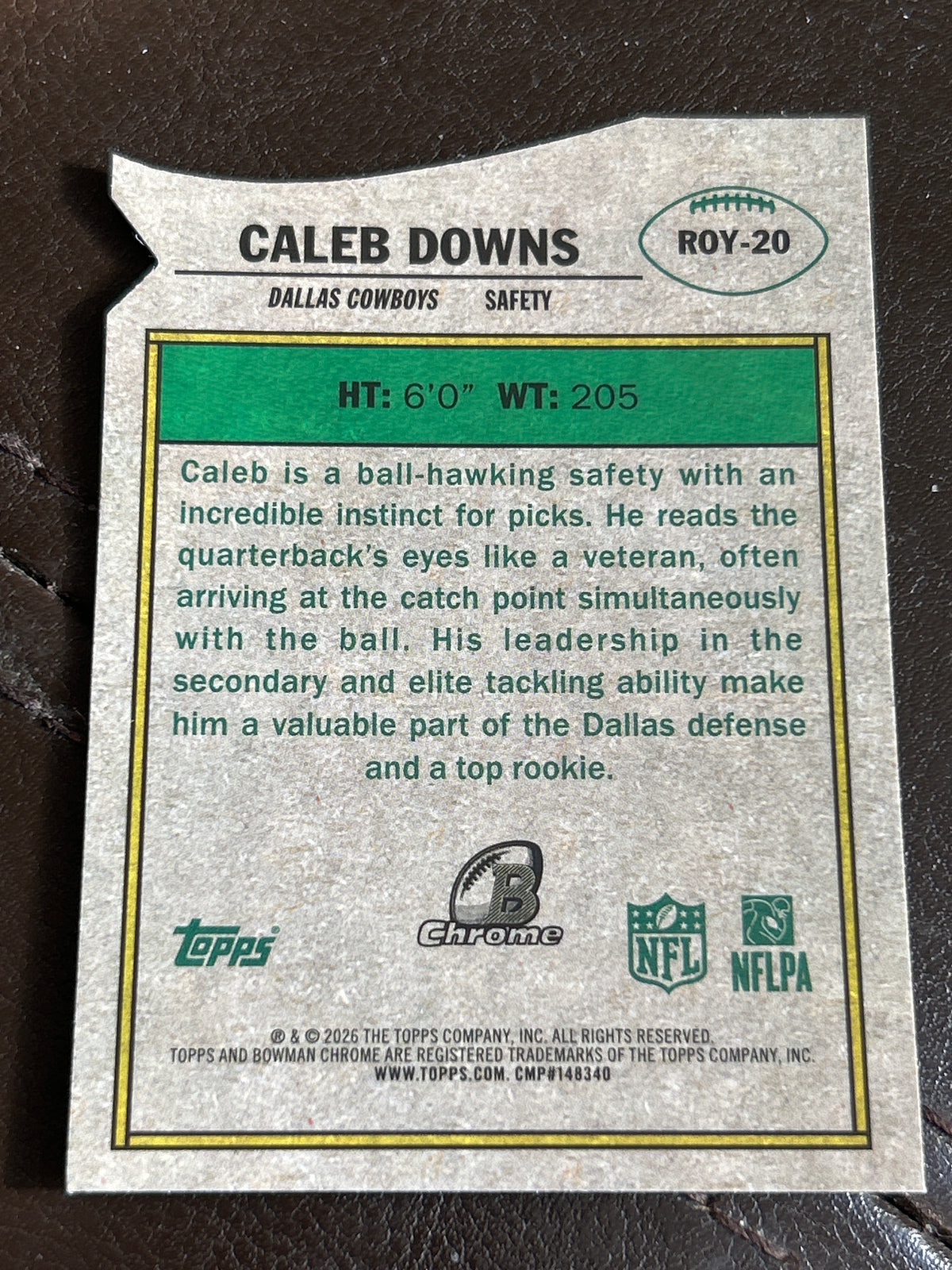 2026 Bowman Chrome Caleb Downs RC Rookie of the Year Favorites Die Cut Dallas Cowboys