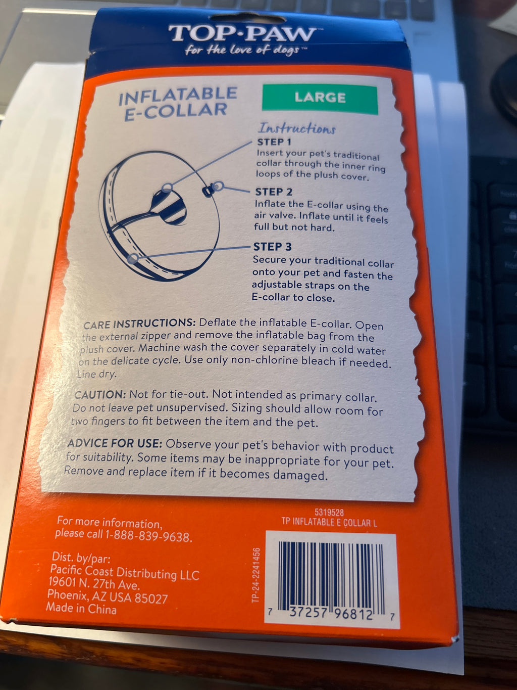 Top Paw Inflatable E‑Collar – Large Dog (Recovery Cone)