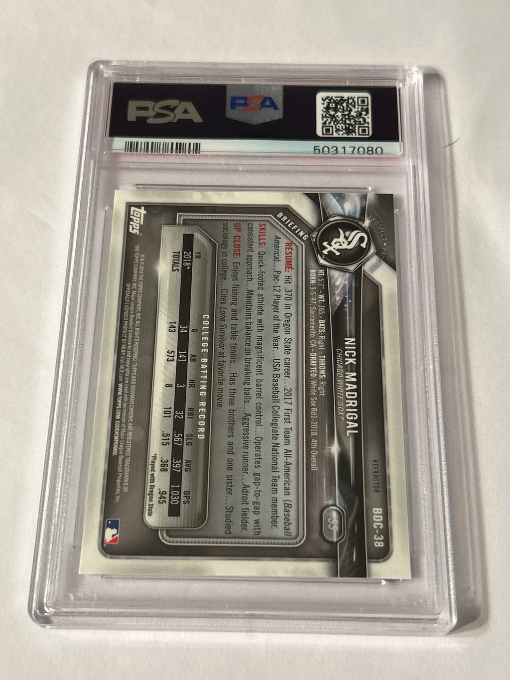 2018 Bowman Draft Chrome – Nick Madrigal #BDC‑38 Refractor (RC) – PSA 9