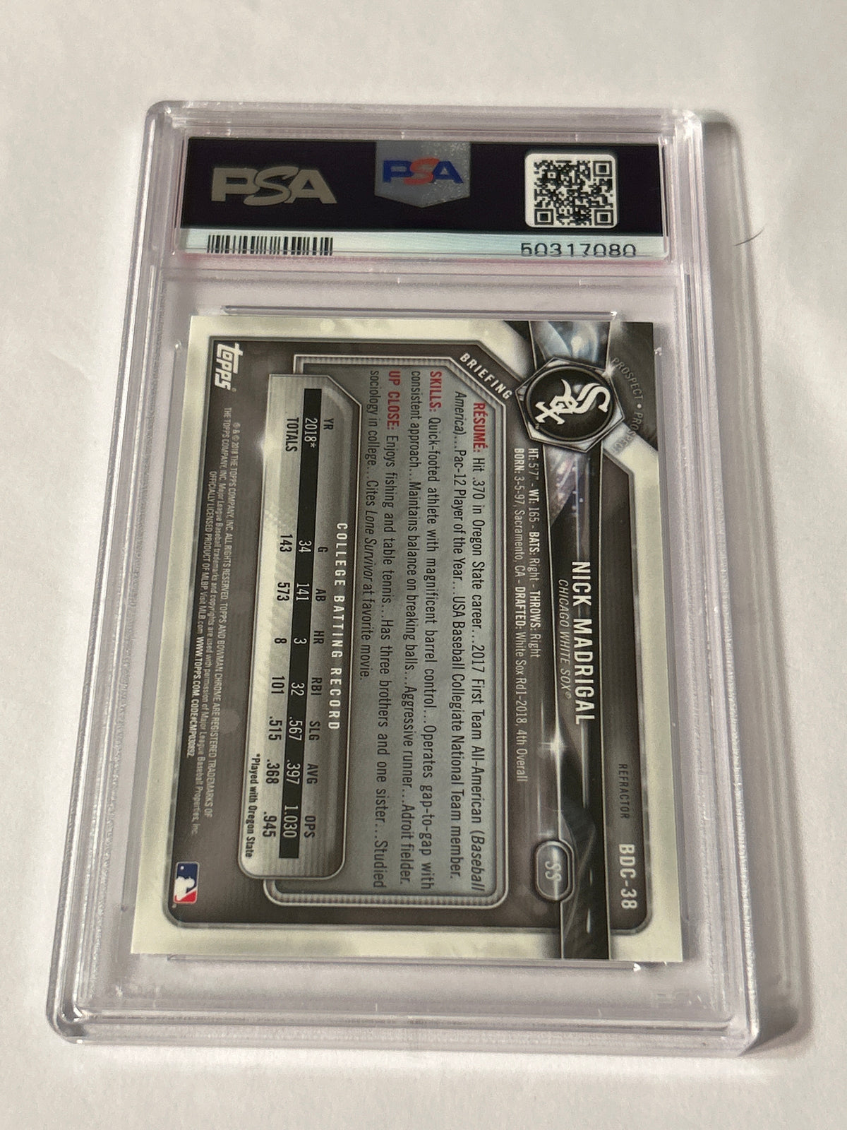 2018 Bowman Draft Chrome – Nick Madrigal #BDC‑38 Refractor (RC) – PSA 9
