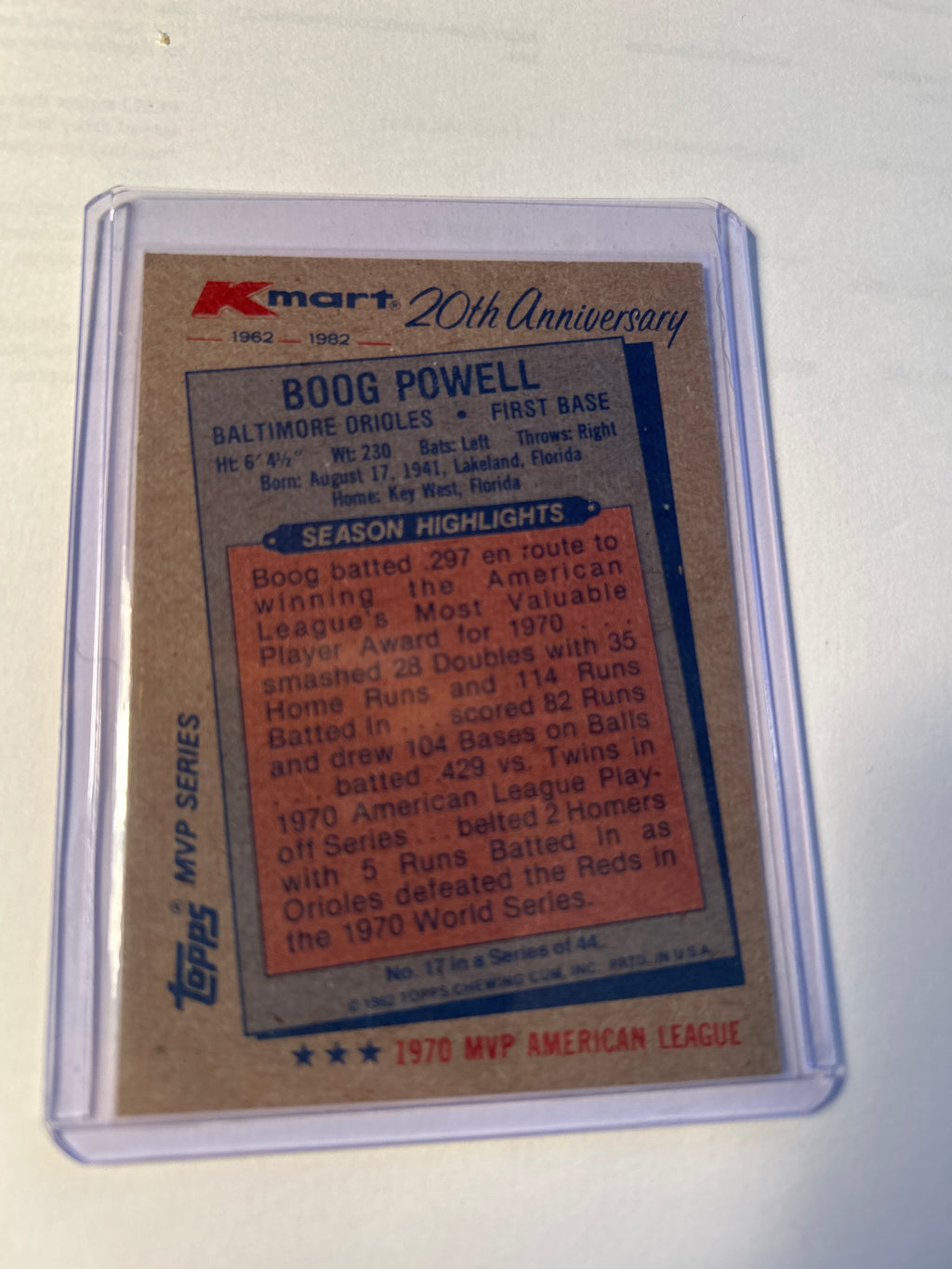 1982 Topps Kmart MVP Series Boog Powell #17 Baltimore Orioles 1970 AL MVP
