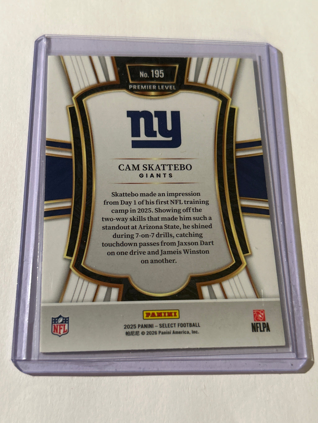 2025 Panini Select - Premier Level Cam Skattebo #195 (RC)