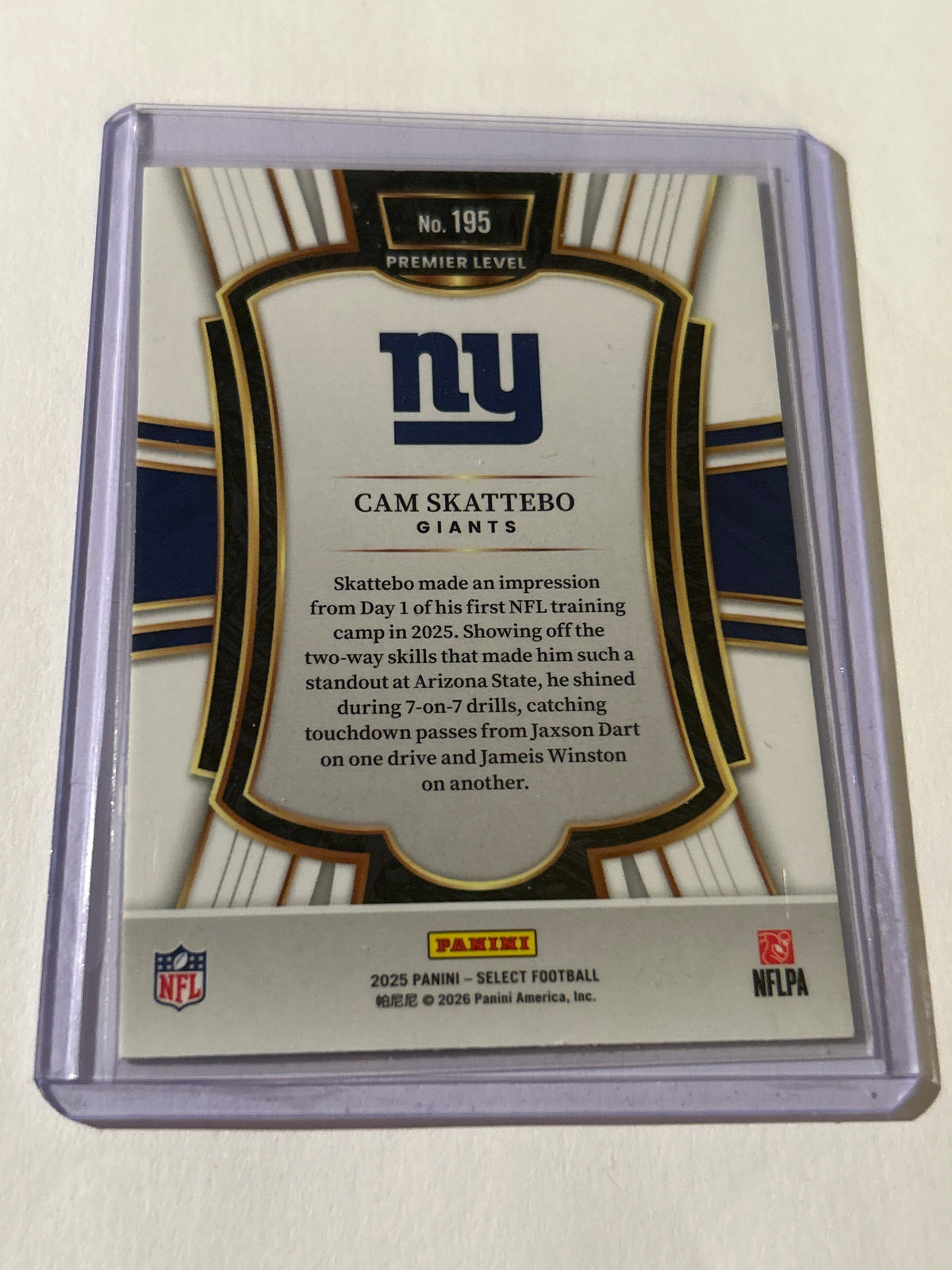 2025 Panini Select - Premier Level Cam Skattebo #195 (RC)