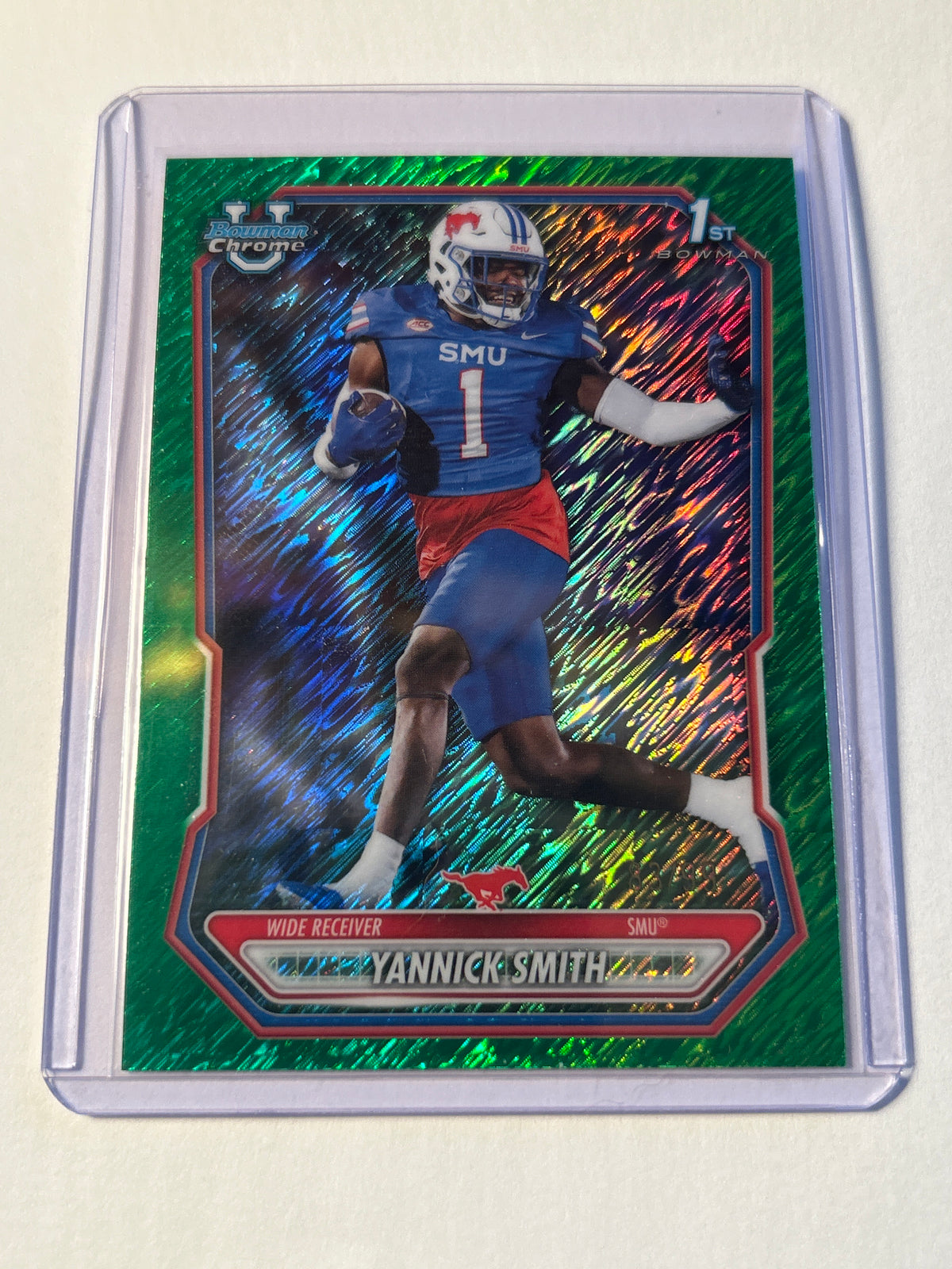 Bowman U Chrome Yannick Smith 1st Bowman Green Shimmer Refractor 83/99 SMU Mustangs WR