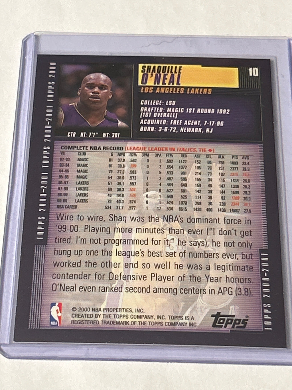 Shaquille O’Neal – 2000‑01 Topps – Los Angeles Lakers Card # 10