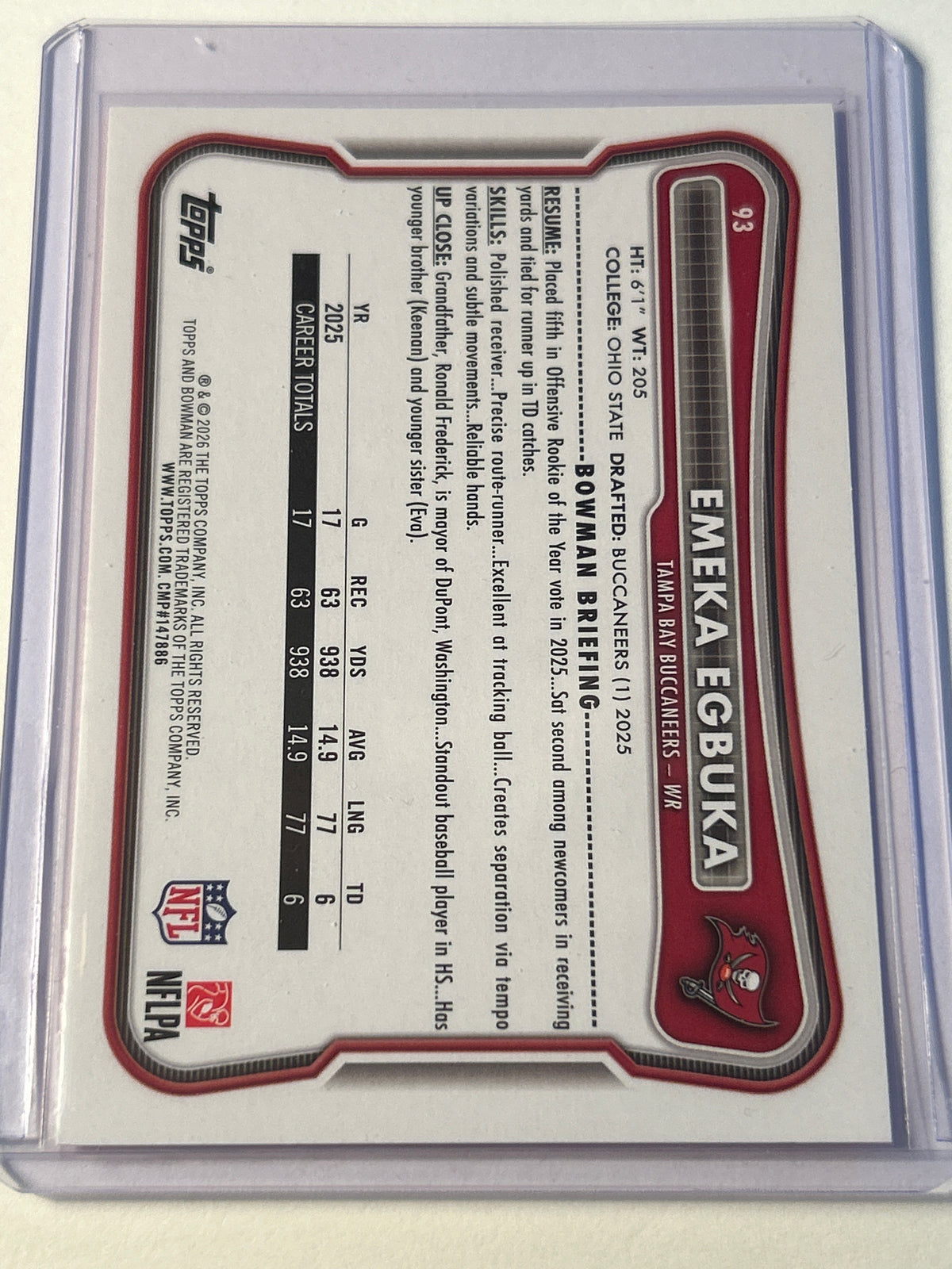2026 Bowman Emeka Egbuka Pink Parallel 216/250 Tampa Bay Buccaneers WR