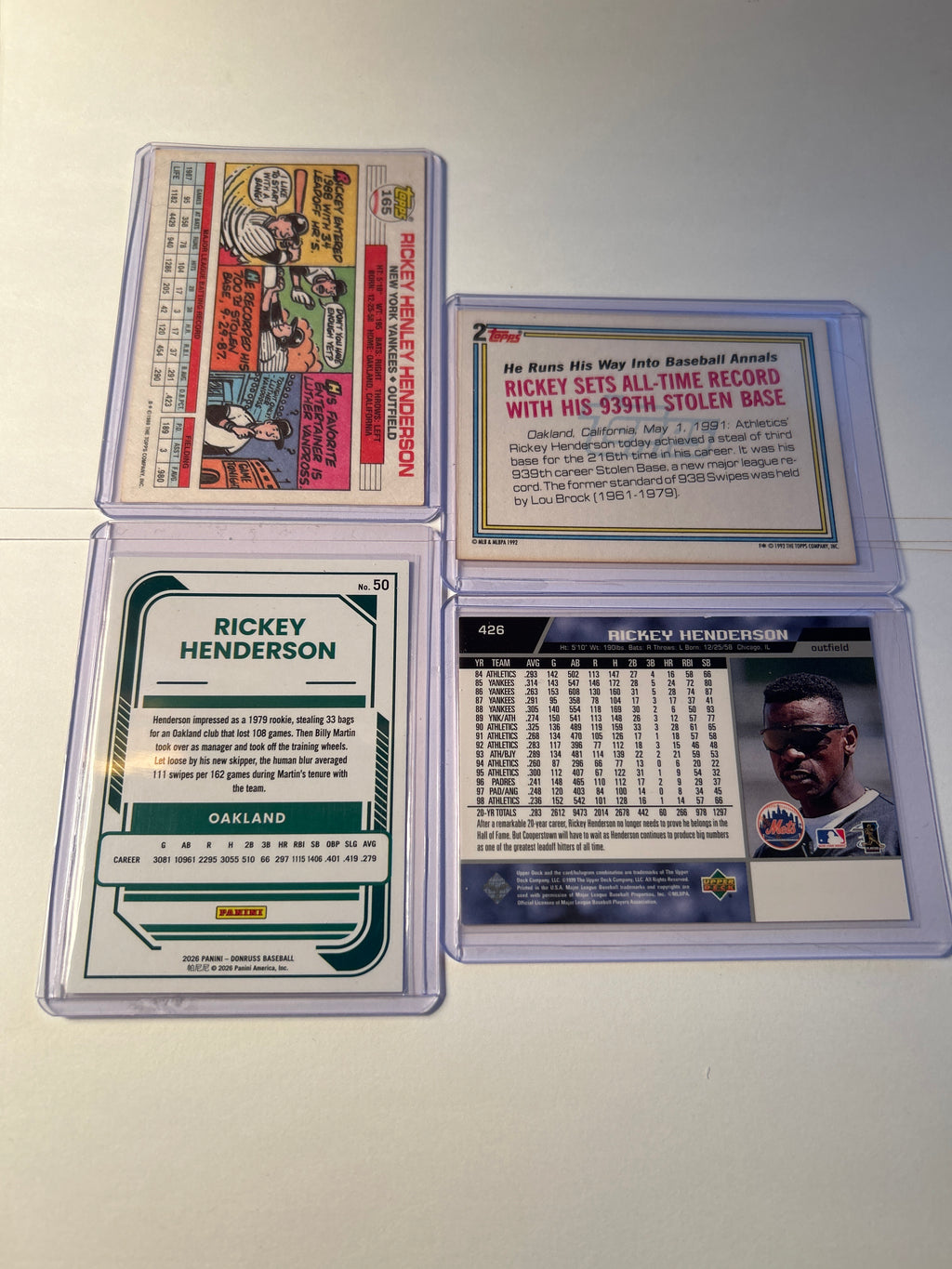 Rickey Henderson 4 Card Lot 1988 Topps Big 1992 Topps Record Breaker Upper Deck Mets Donruss Athletics Yankees HOF