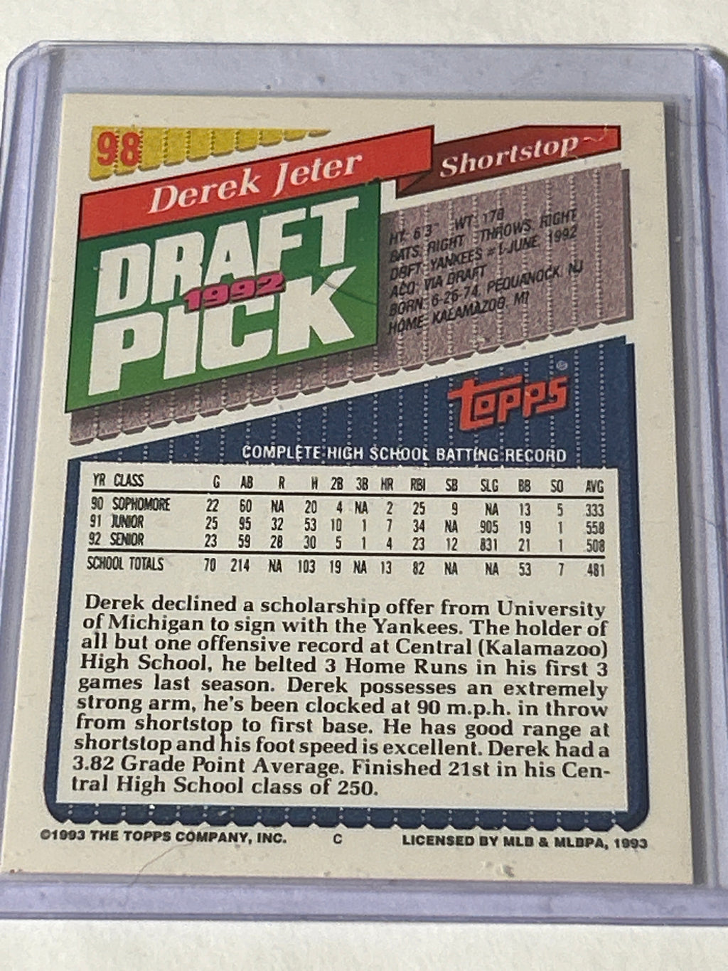 1993 Topps #98 Derek Jeter (RC)