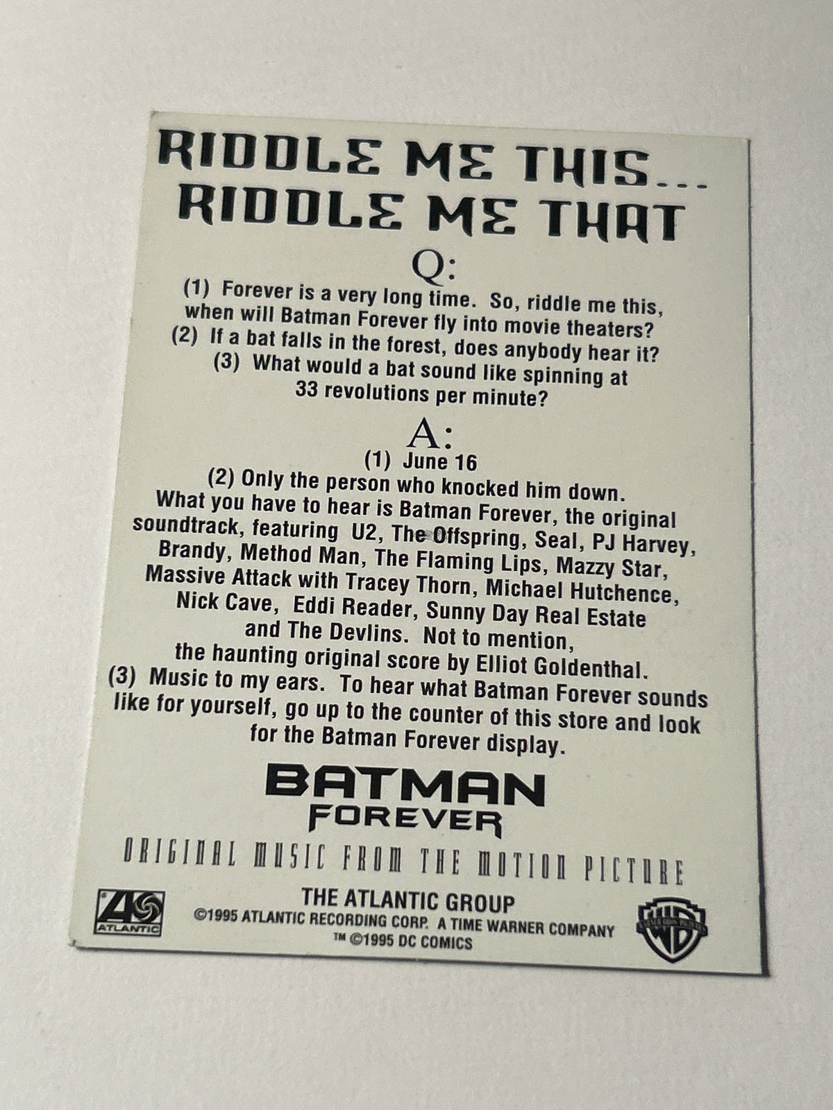 1995 Atlantic Group Batman Forever The Riddler Jim Carrey Card *d8 *a1