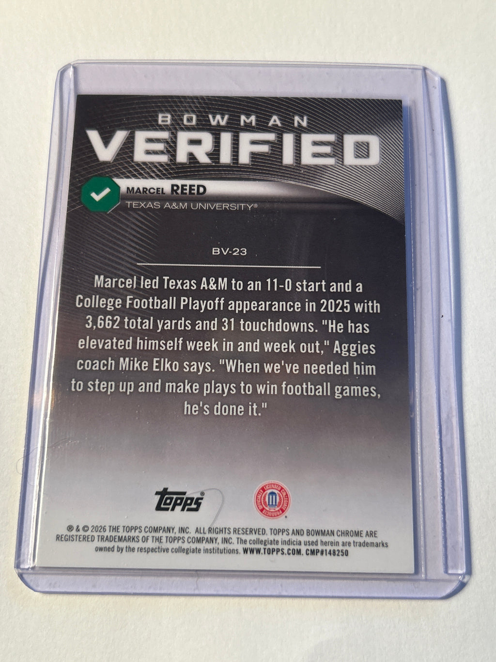 2025 Bowman U Chrome Marcel Reed Verified Insert Texas A&M Aggies QB