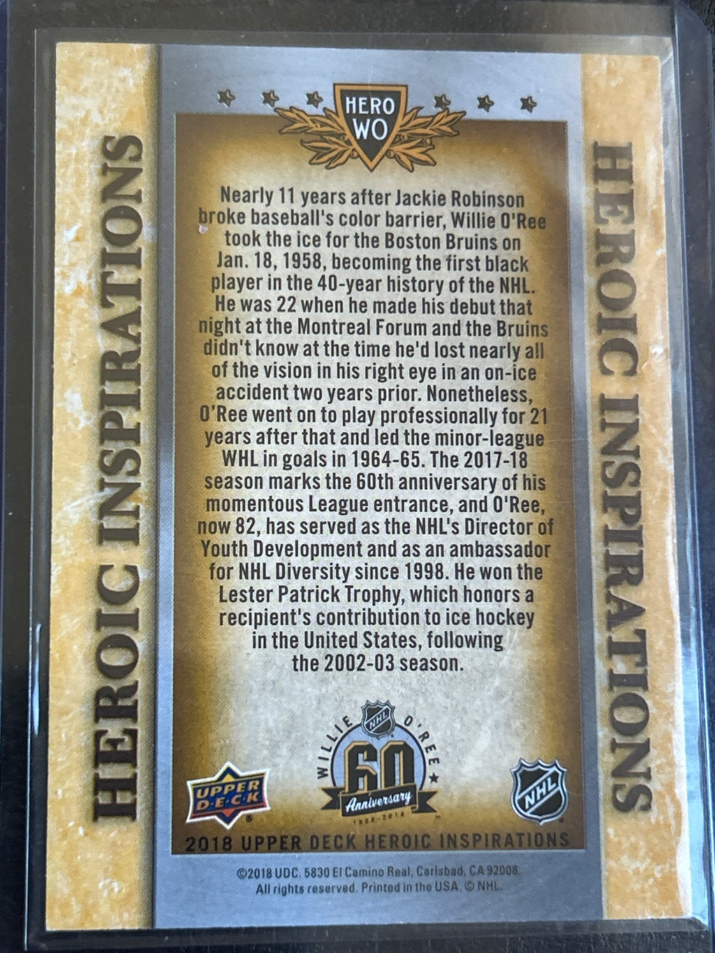 2018 Upper Deck Heroic Inspirations Willie O'Ree Promo Card 60th Anniversary Boston Bruins HOF
