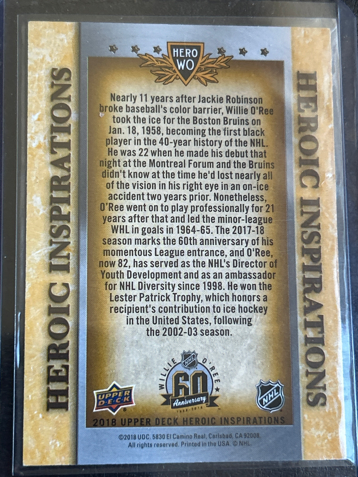 2018 Upper Deck Heroic Inspirations Willie O'Ree Promo Card 60th Anniversary Boston Bruins HOF