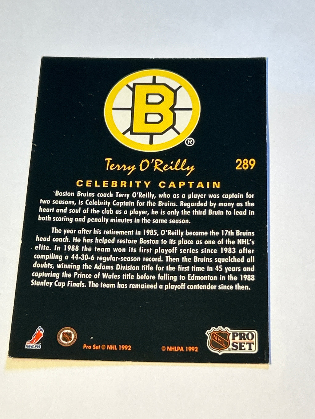 1991-92 Pro Set Platinum Terry O’Reilly - Celebrity Captain #289