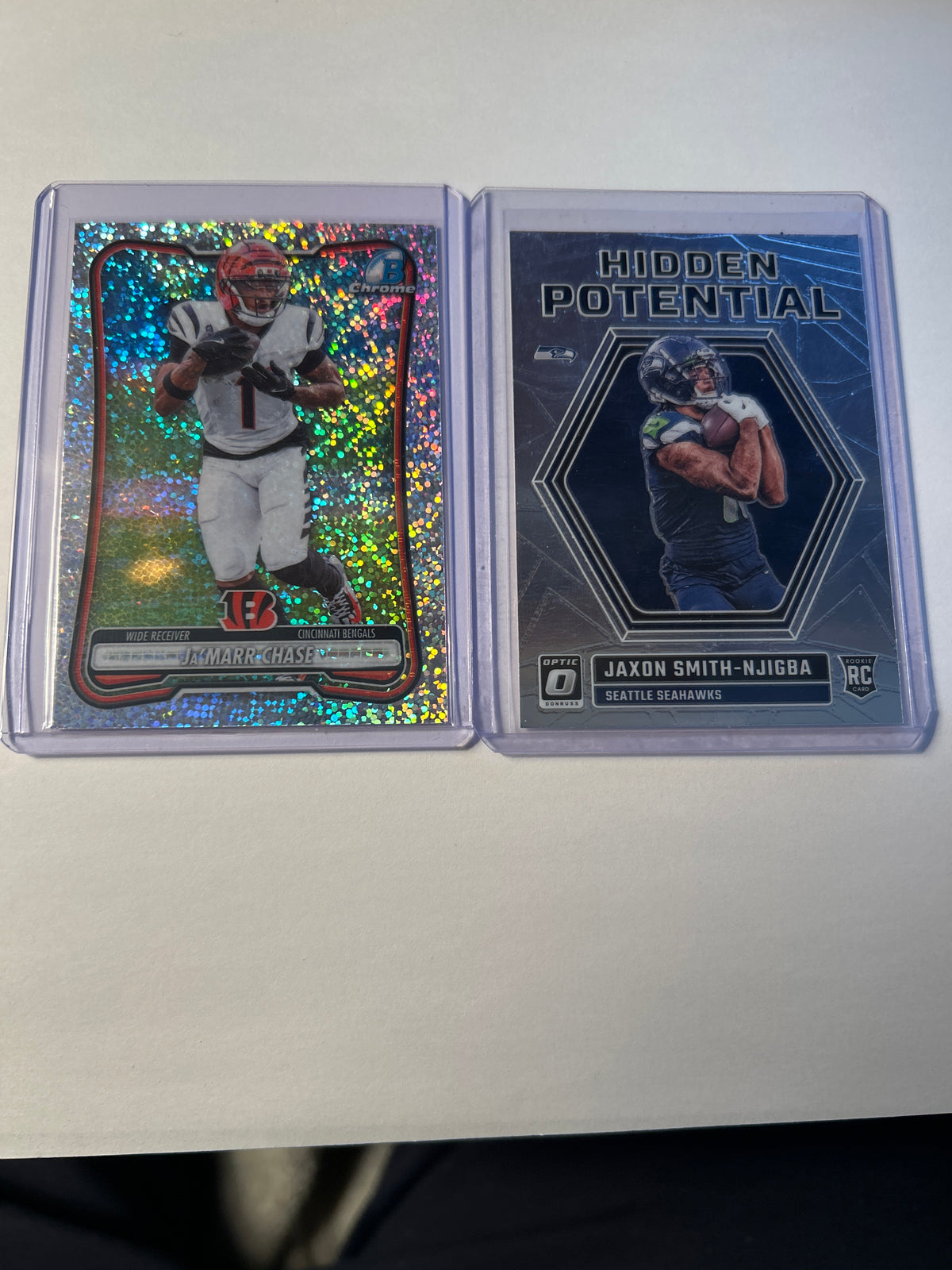 WR 2 Card Lot Jaxon Smith-Njigba Optic Hidden Potential (RC) Ja'Marr Chase Bowman Chrome Speckle Refractor