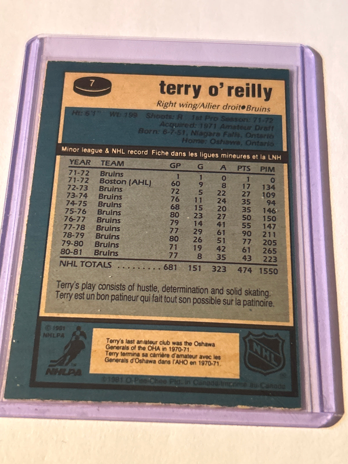 O-Pee-Chee 1981-82 Terry O'Reilly #7 Boston Bruins NHL Ice Hockey Card
