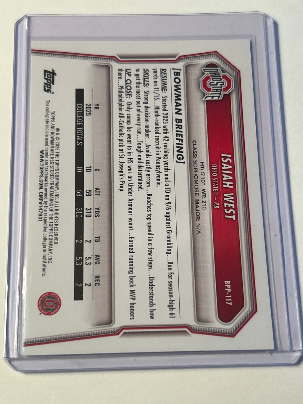 2026 Bowman U Isaiah West 1st Bowman Aqua Parallel 032/199 Ohio State Buckeyes RB