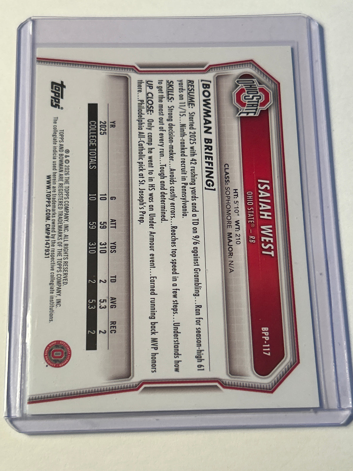 2026 Bowman U Isaiah West 1st Bowman Aqua Parallel 032/199 Ohio State Buckeyes RB