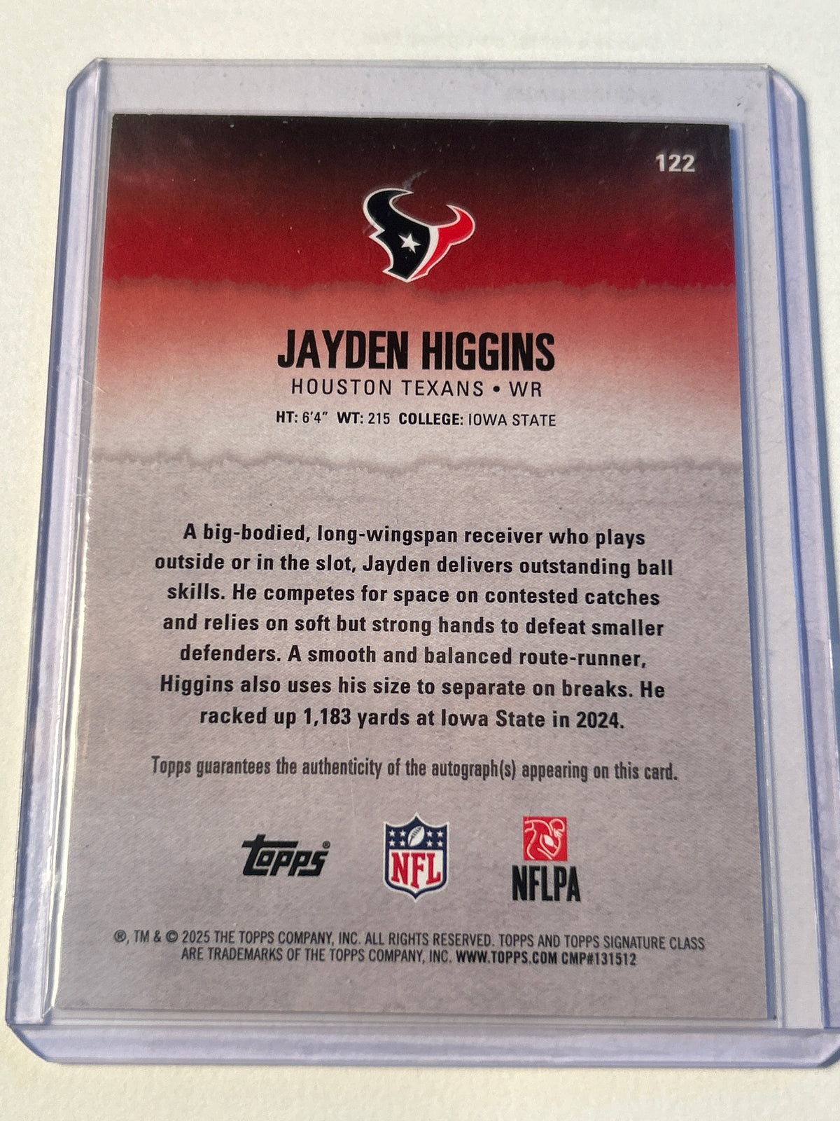 Topps Jayden Higgins RC Auto 57/100 Rookie Autograph On Card Houston Texans WR Round 2 Pick 2
