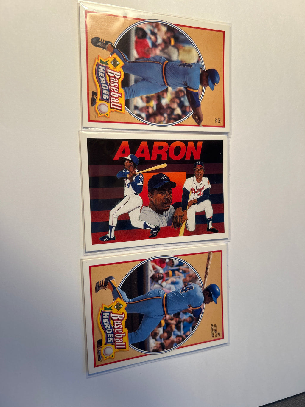 Hank Aaron 3 Card Lot 1991 Upper Deck Baseball Heroes Header Card 1975 Return to Milwaukee 1976 755 HOF