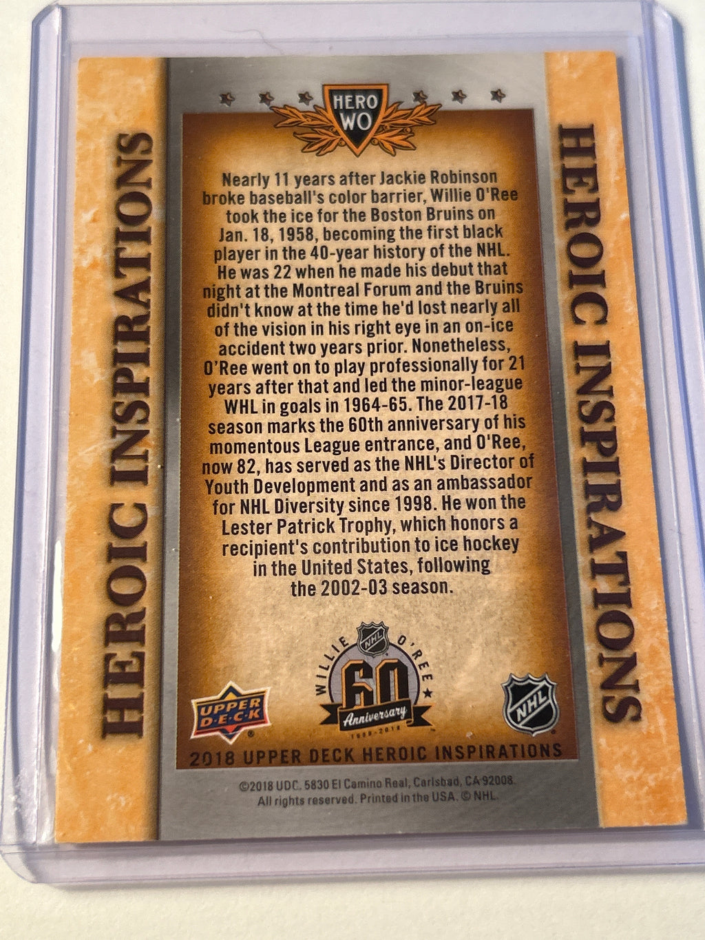 2018 Upper Deck Heroic Inspirations Willie O'Ree 60th Anniversary Boston Bruins HOF