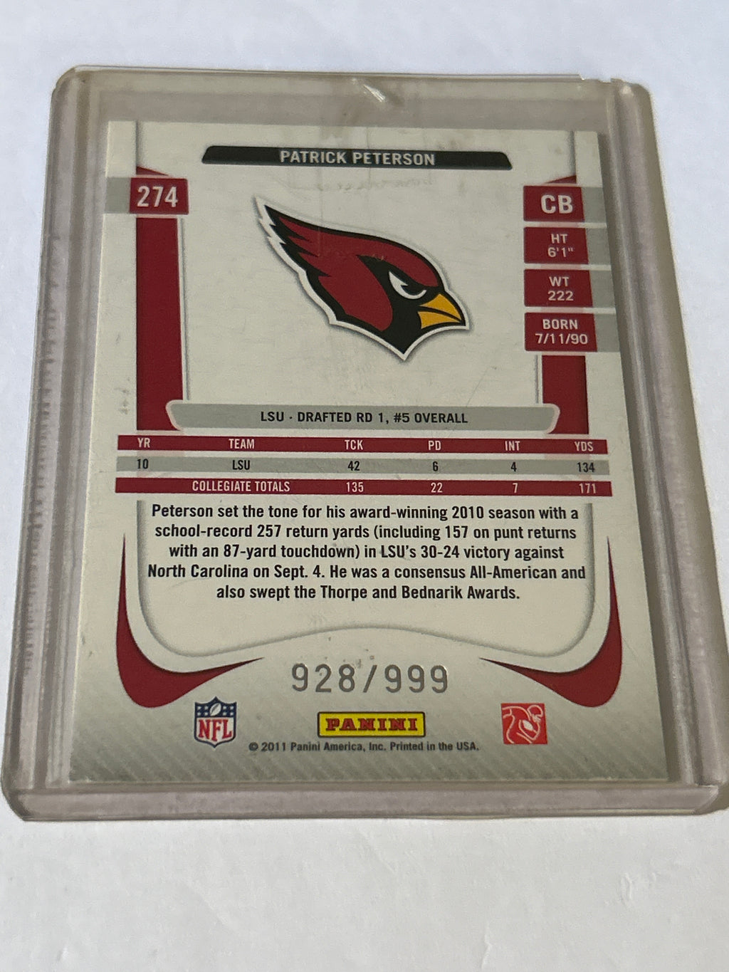 2011 Panini Prestige Patrick Peterson #274 - Rookie Draft Picks -light blue - 928/999