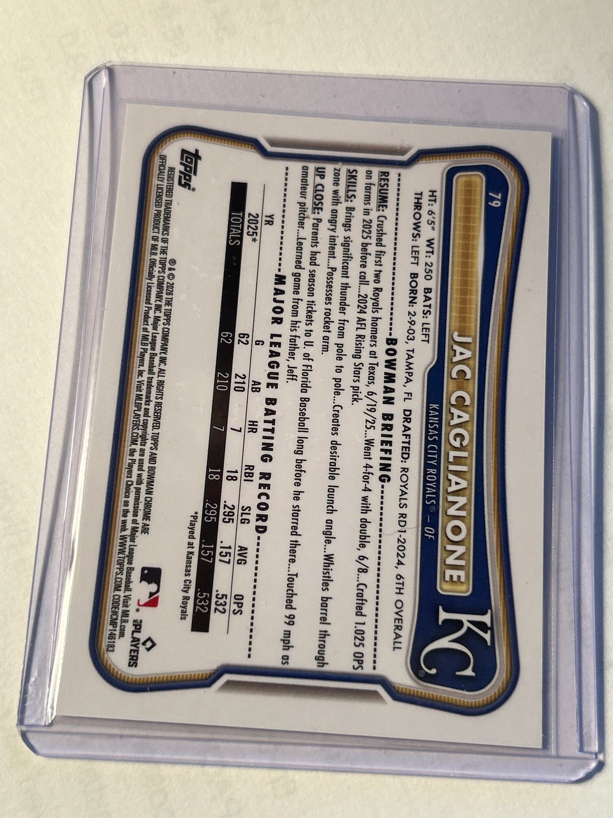 2026 Bowman Chrome Jac Caglianone RC Black & White Mojo Refractor 02/15 Kansas City Royals Rookie